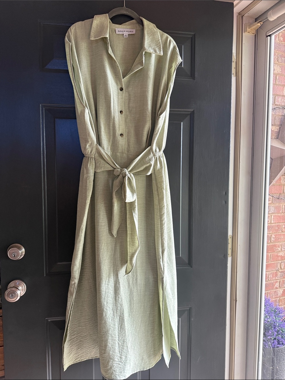 Emma & Michele Light Sage Green Maxi Shirt Dress with Tie Waist